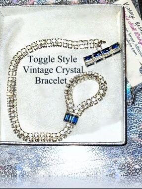 White & Blue Crystal Rhinestone Vintage Toggle Bracelet